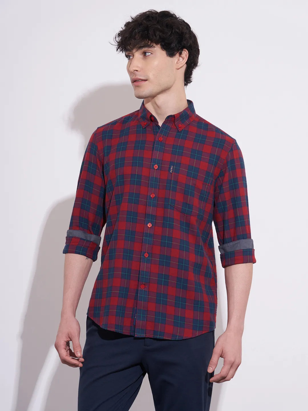 Men's Red Button-Down Collar Checked Shirt by Being Human Clothing
