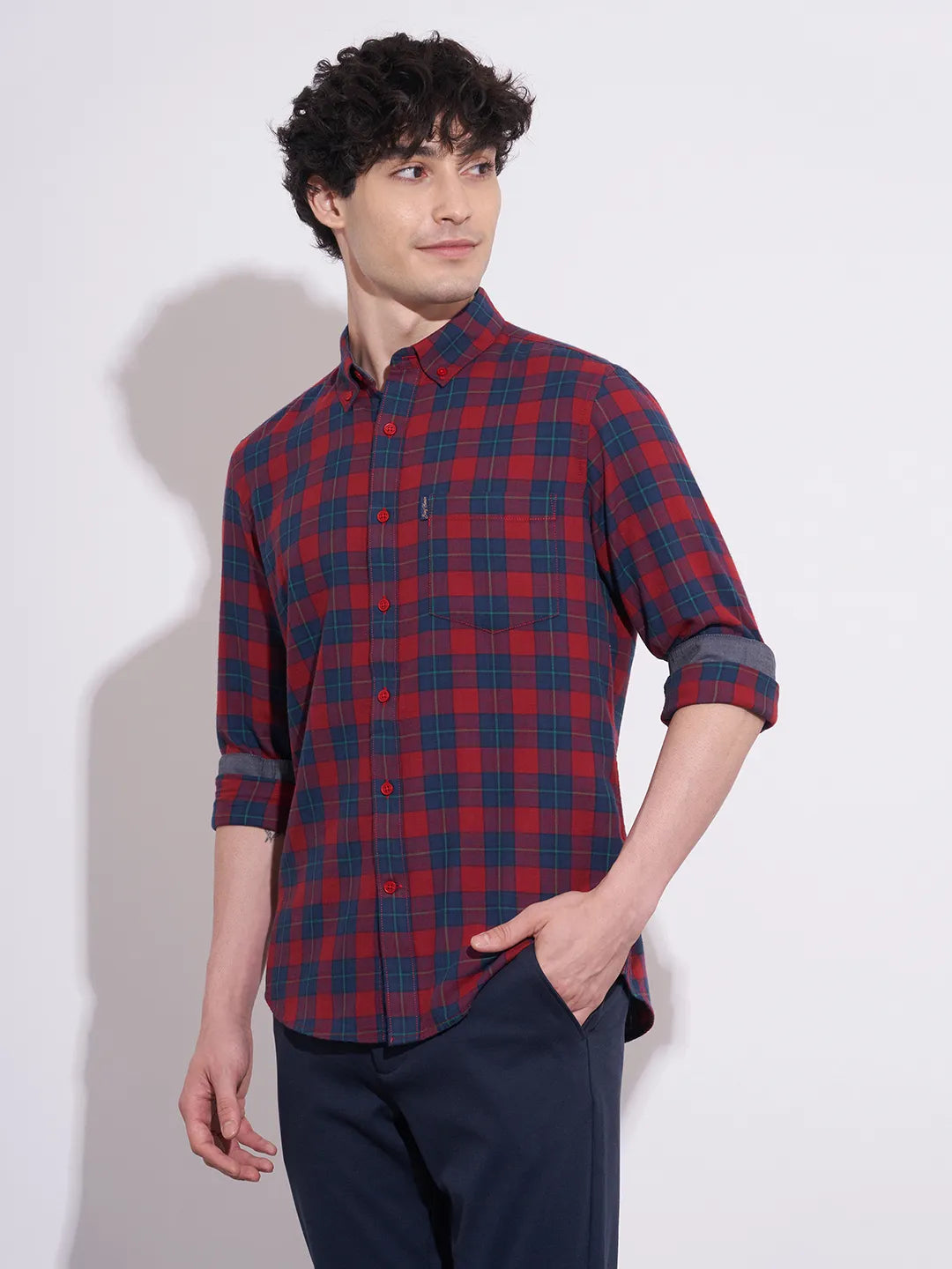 Men's Red Button-Down Collar Checked Shirt by Being Human Clothing
