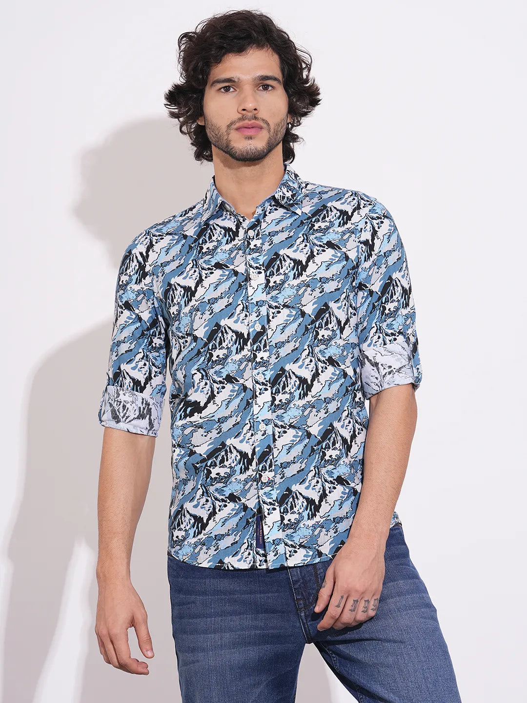 Men's Blue Abstract Print Spread Collar Shirt by Being Human Clothing