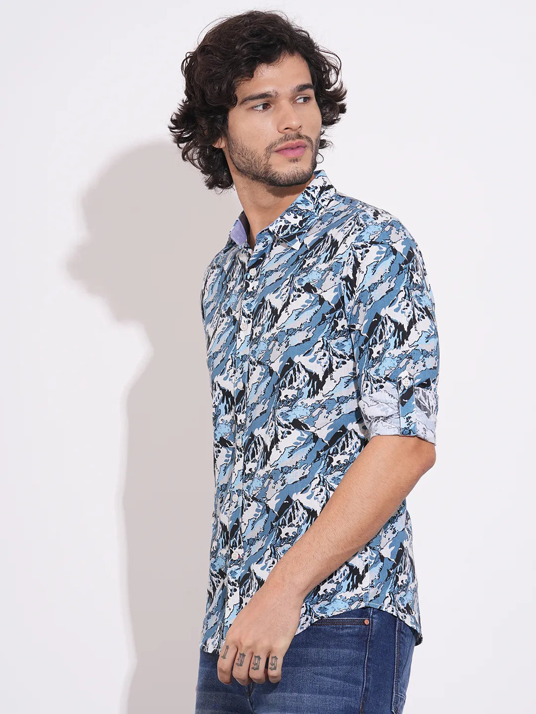 Men's Blue Abstract Print Spread Collar Shirt by Being Human Clothing