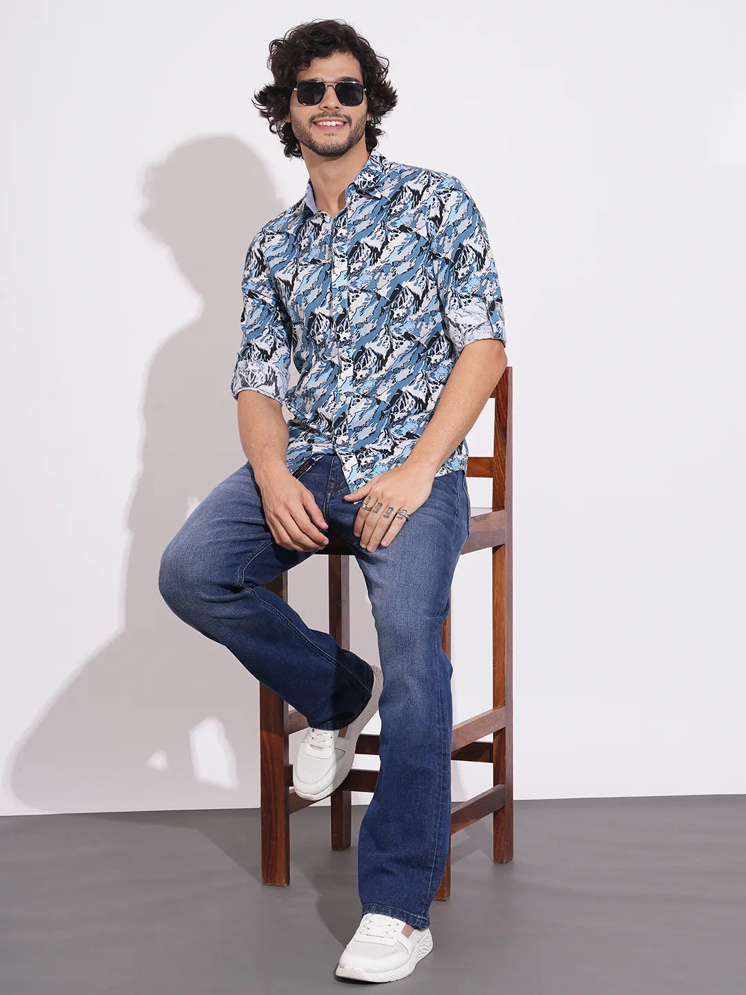 Men's Blue Abstract Print Spread Collar Shirt by Being Human Clothing