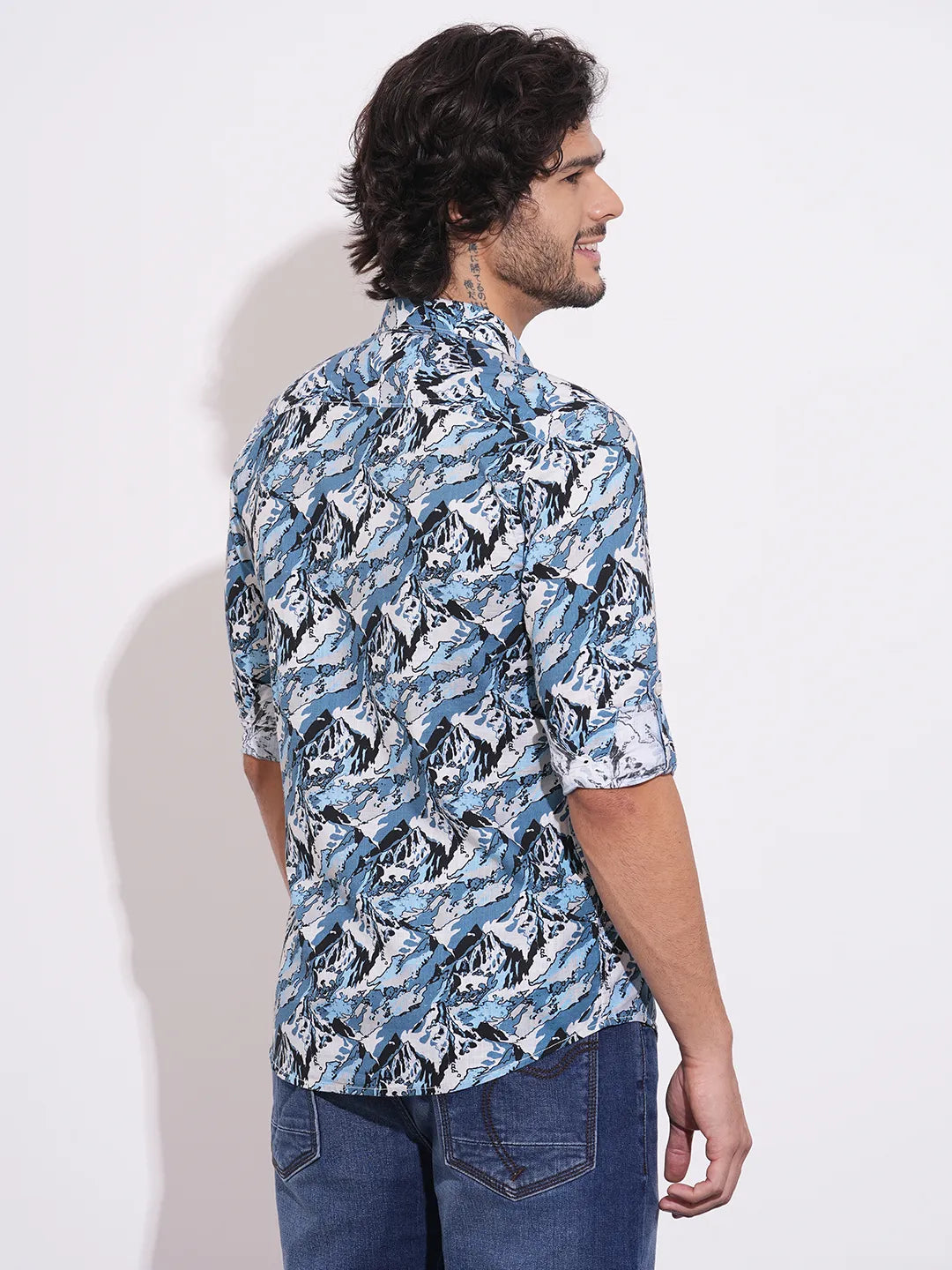 Men's Blue Abstract Print Spread Collar Shirt by Being Human Clothing