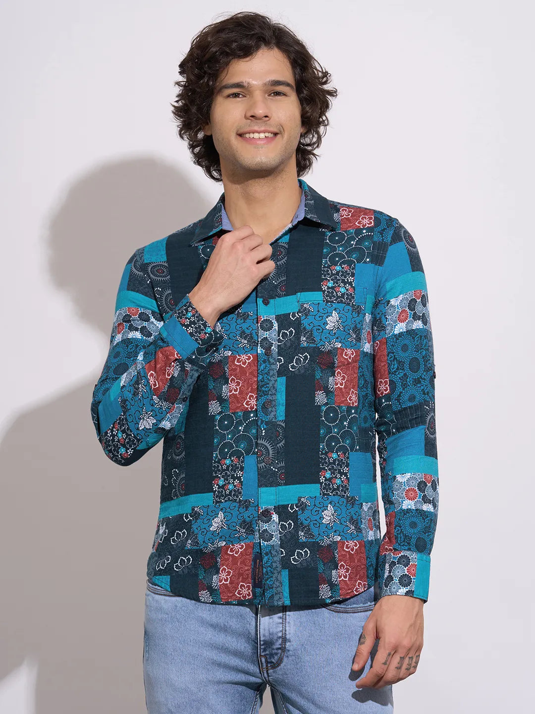Men's Blue Abstract Print Spread Collar Shirt by Being Human Clothing