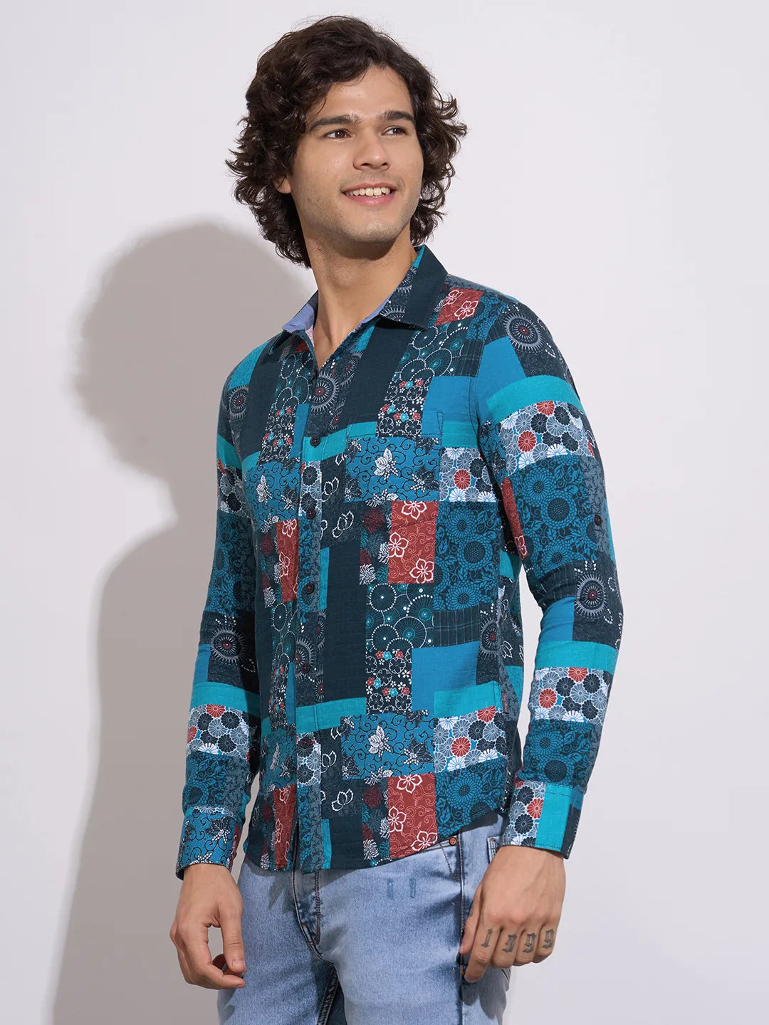 Men's Blue Abstract Print Spread Collar Shirt by Being Human Clothing