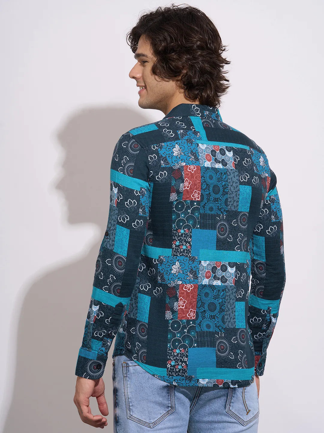 Men's Blue Abstract Print Spread Collar Shirt by Being Human Clothing