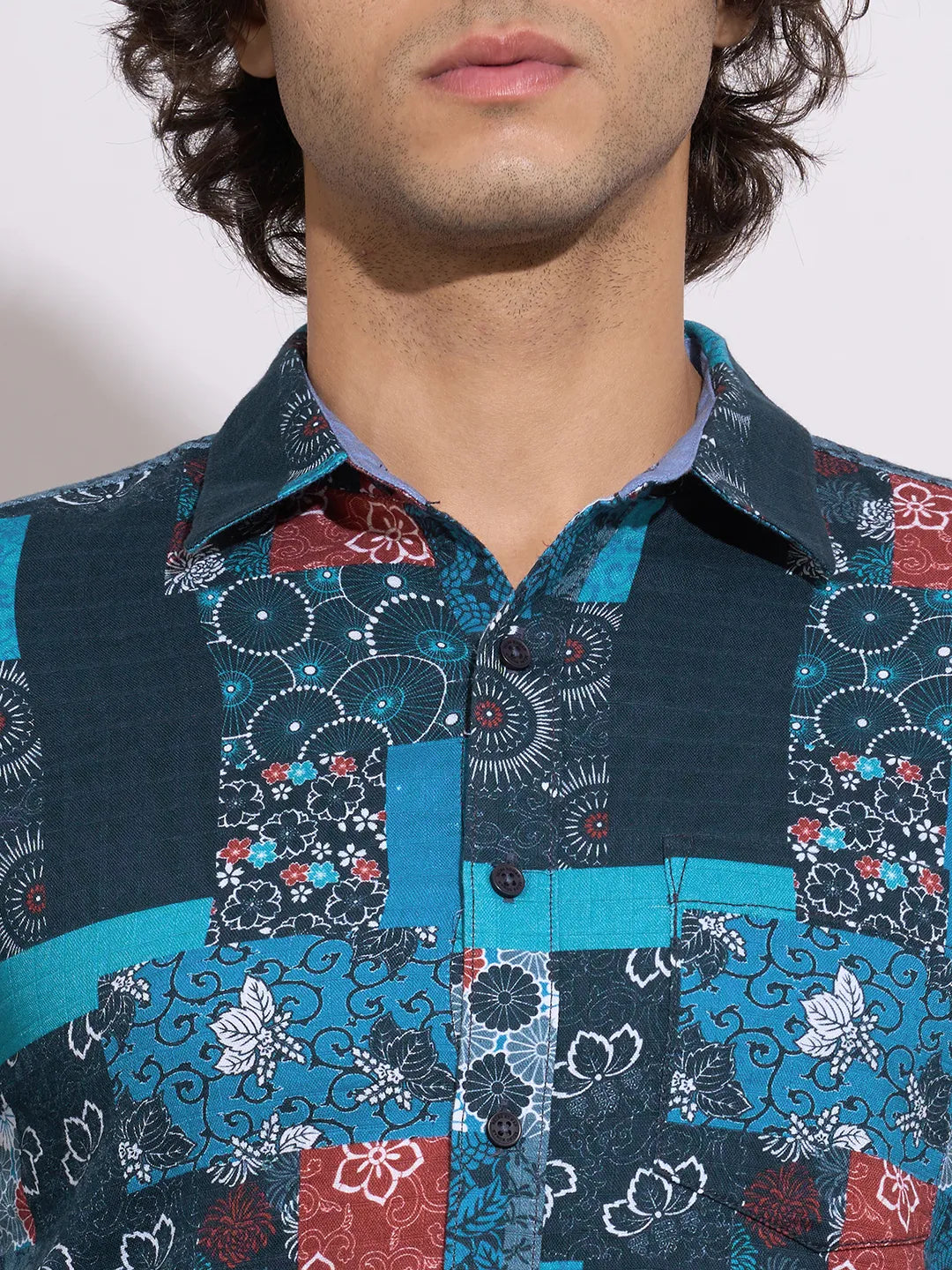 Men's Blue Abstract Print Spread Collar Shirt by Being Human Clothing