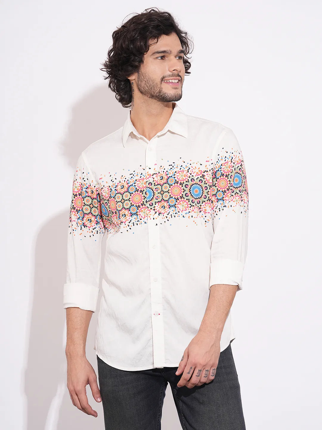 Being Human Men's White Floral Print Spread Collar Shirt