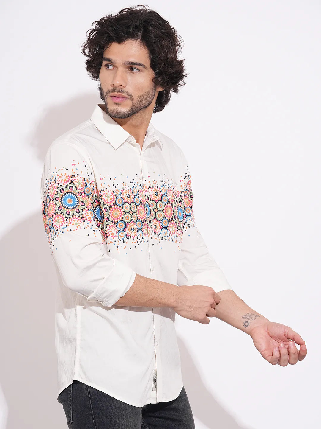 Being Human Men's White Floral Print Spread Collar Shirt