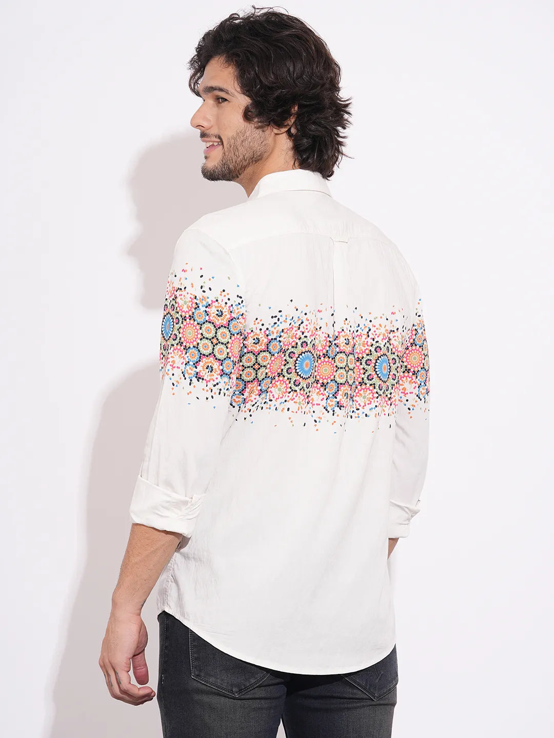 Being Human Men's White Floral Print Spread Collar Shirt