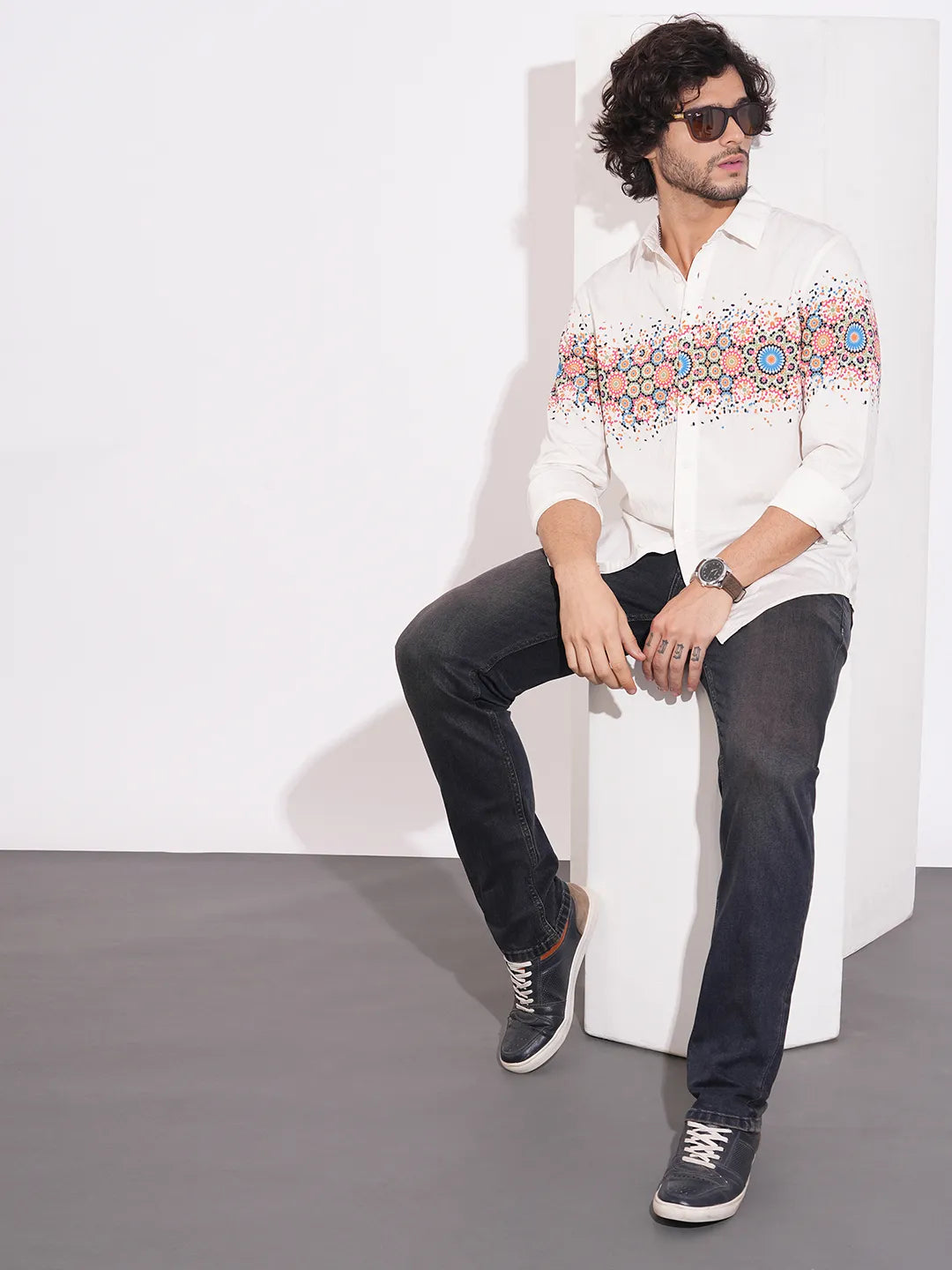 Being Human Men's White Floral Print Spread Collar Shirt