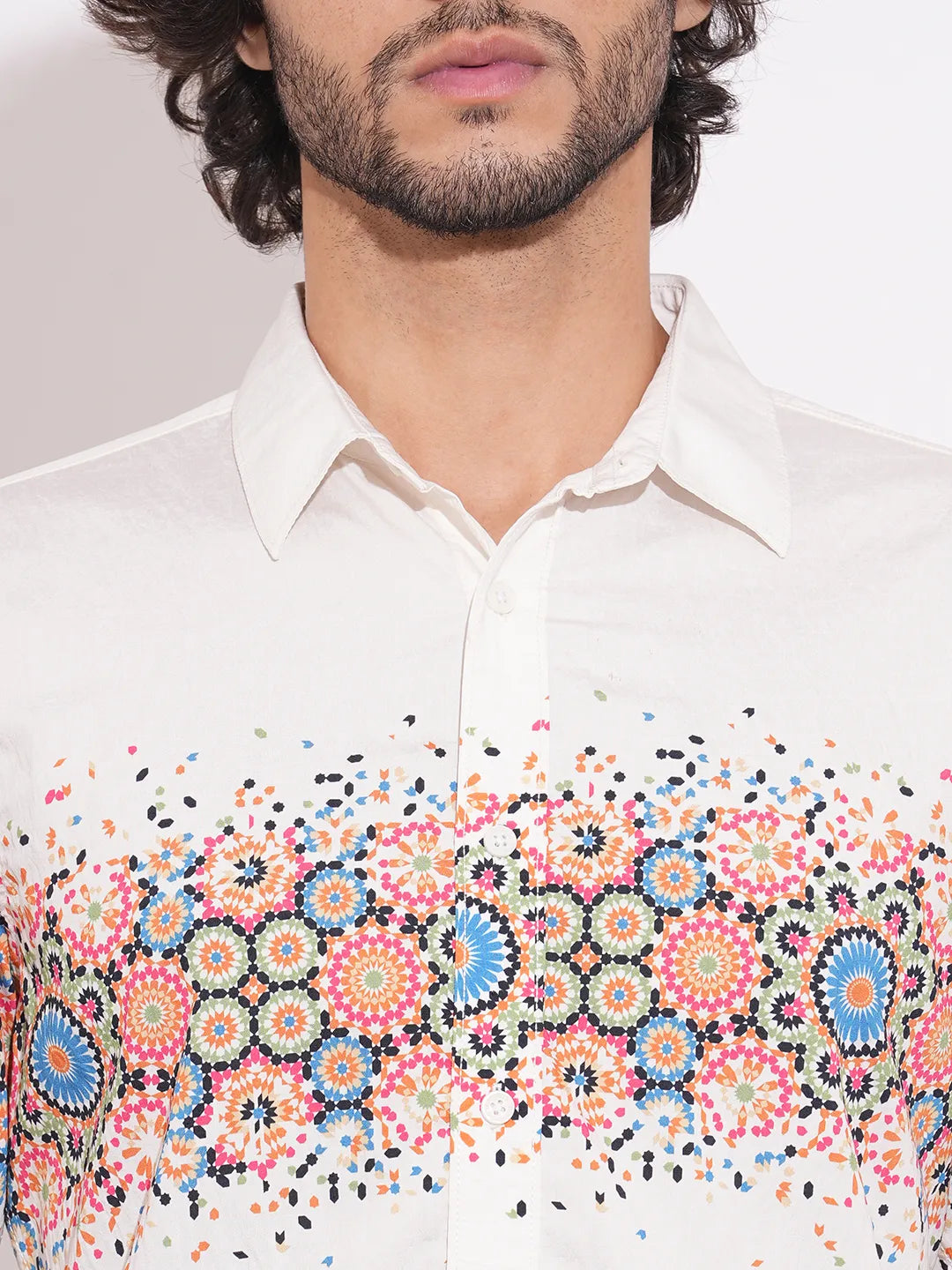 Being Human Men's White Floral Print Spread Collar Shirt