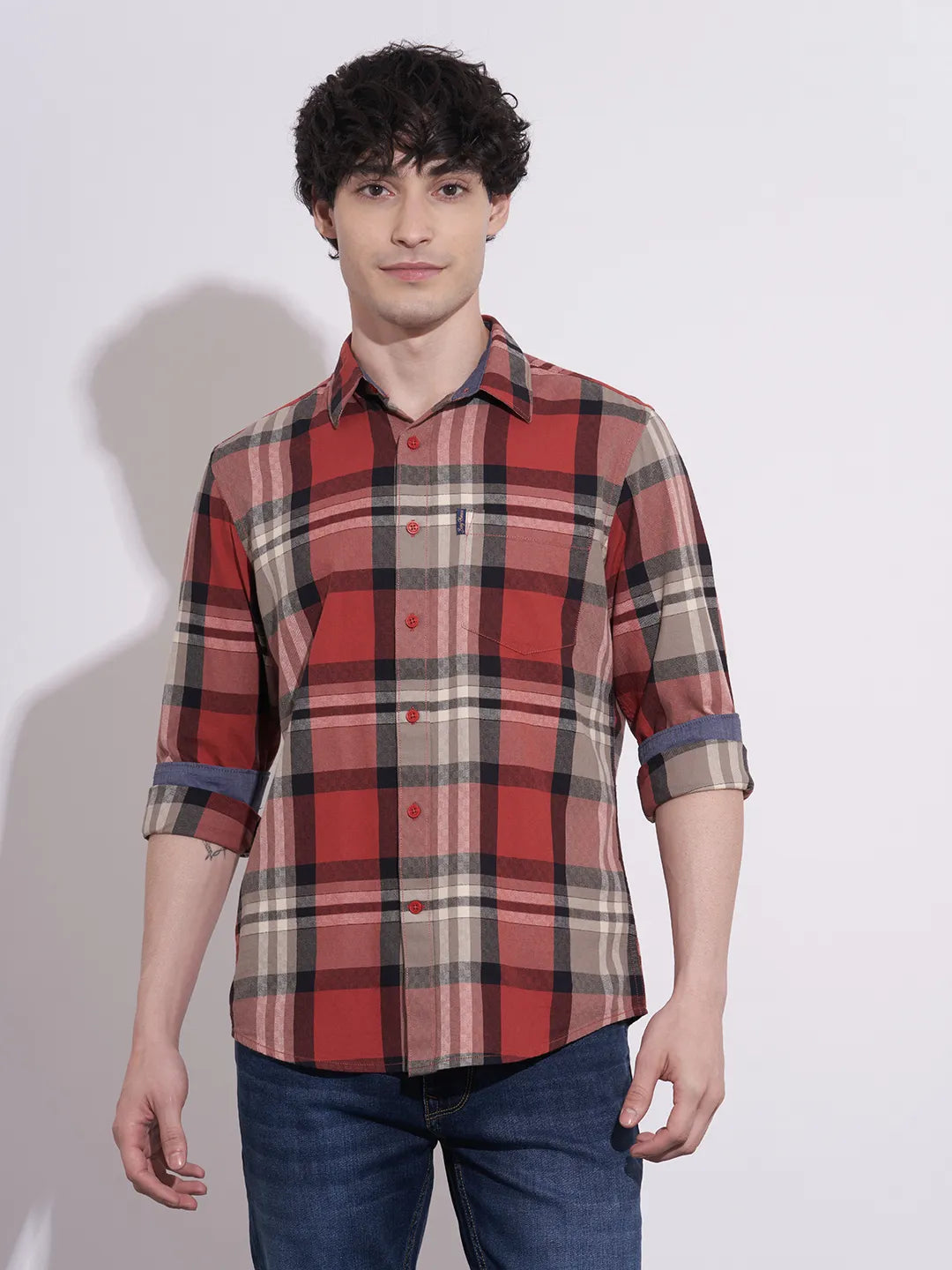 Being Human Men's Red Checked Spread Collar Shirt