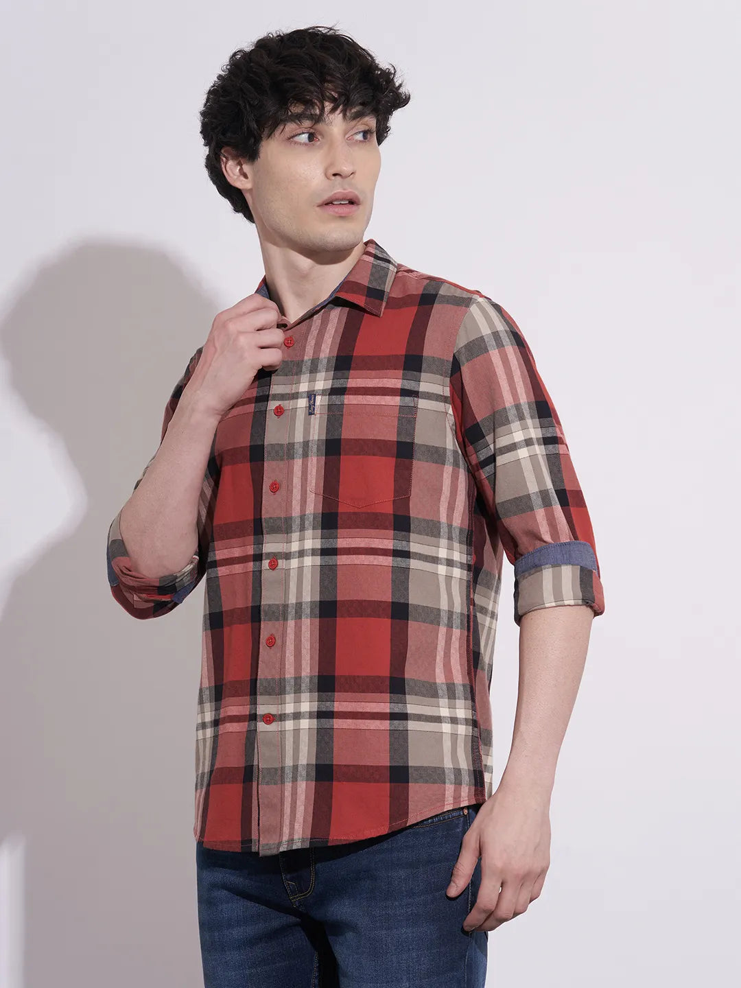 Being Human Men's Red Checked Spread Collar Shirt