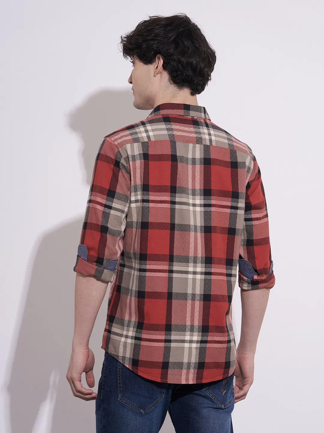 Being Human Men's Red Checked Spread Collar Shirt