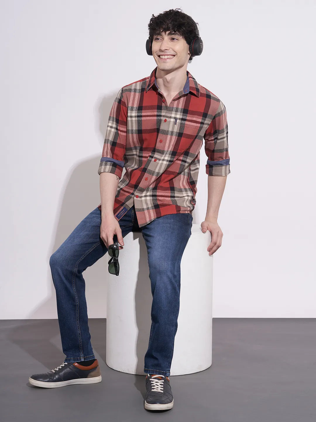 Being Human Men's Red Checked Spread Collar Shirt