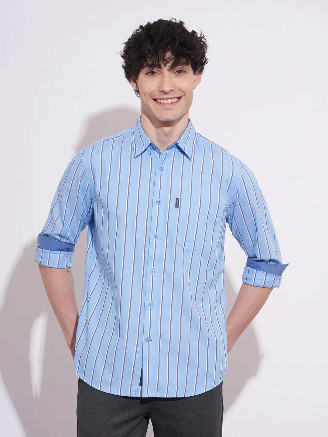 Men's Blue Striped Spread Collar Shirt by Being Human Clothing