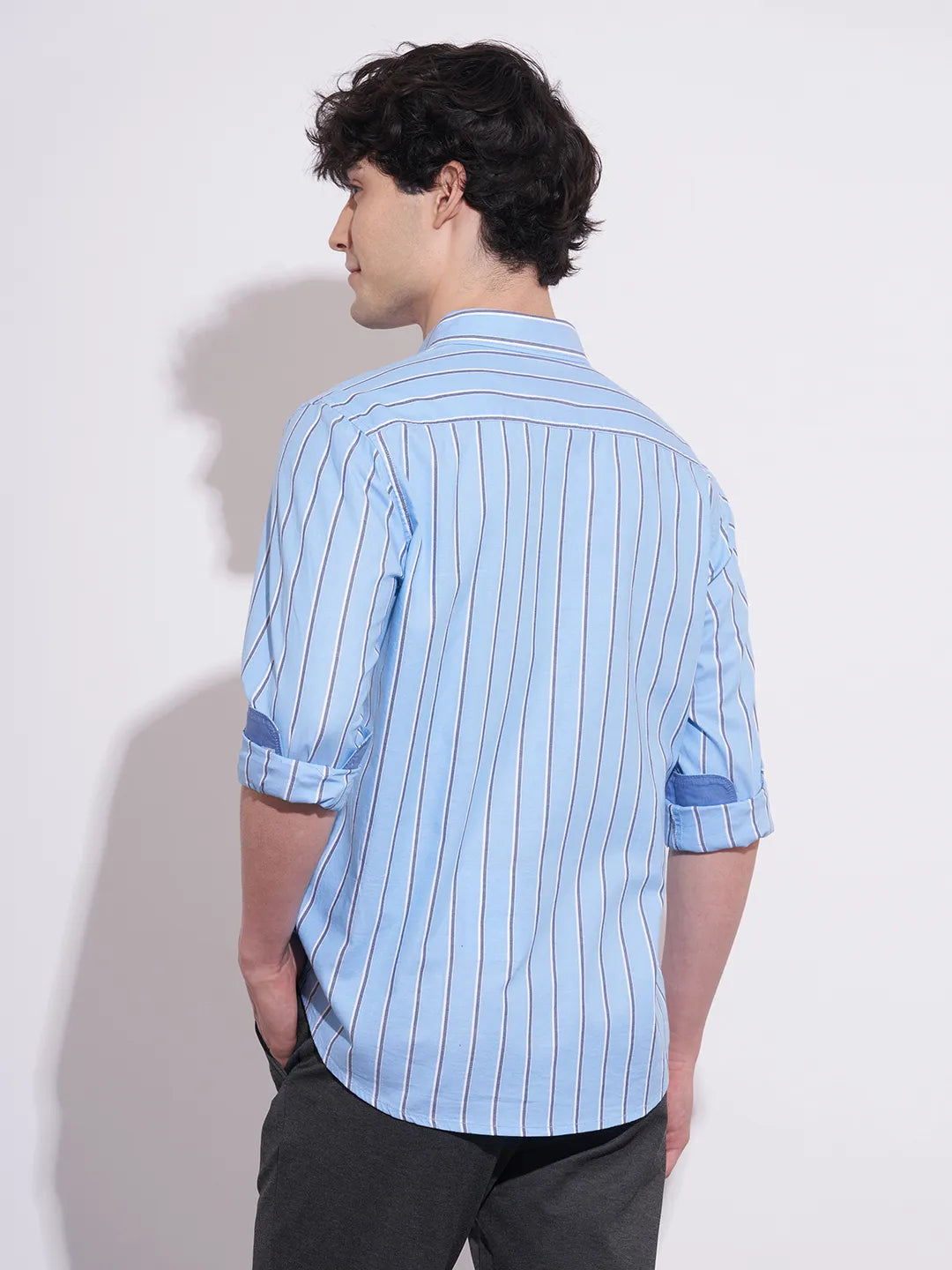 Men's Blue Striped Spread Collar Shirt by Being Human Clothing
