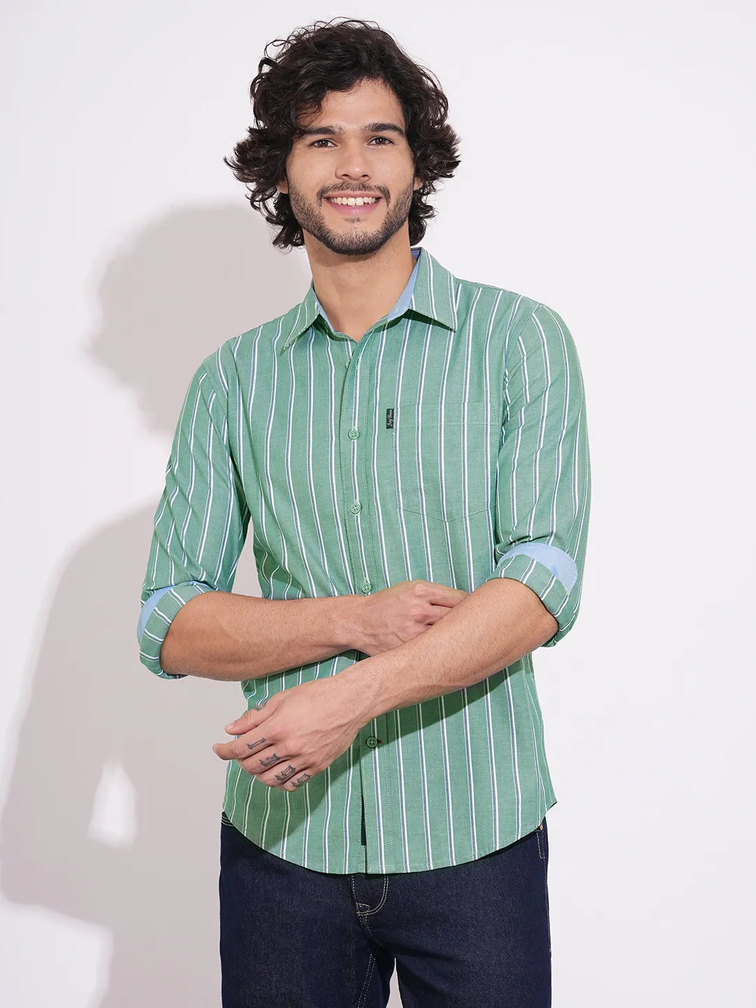 Being Human Men's Green Striped Spread Collar Shirt