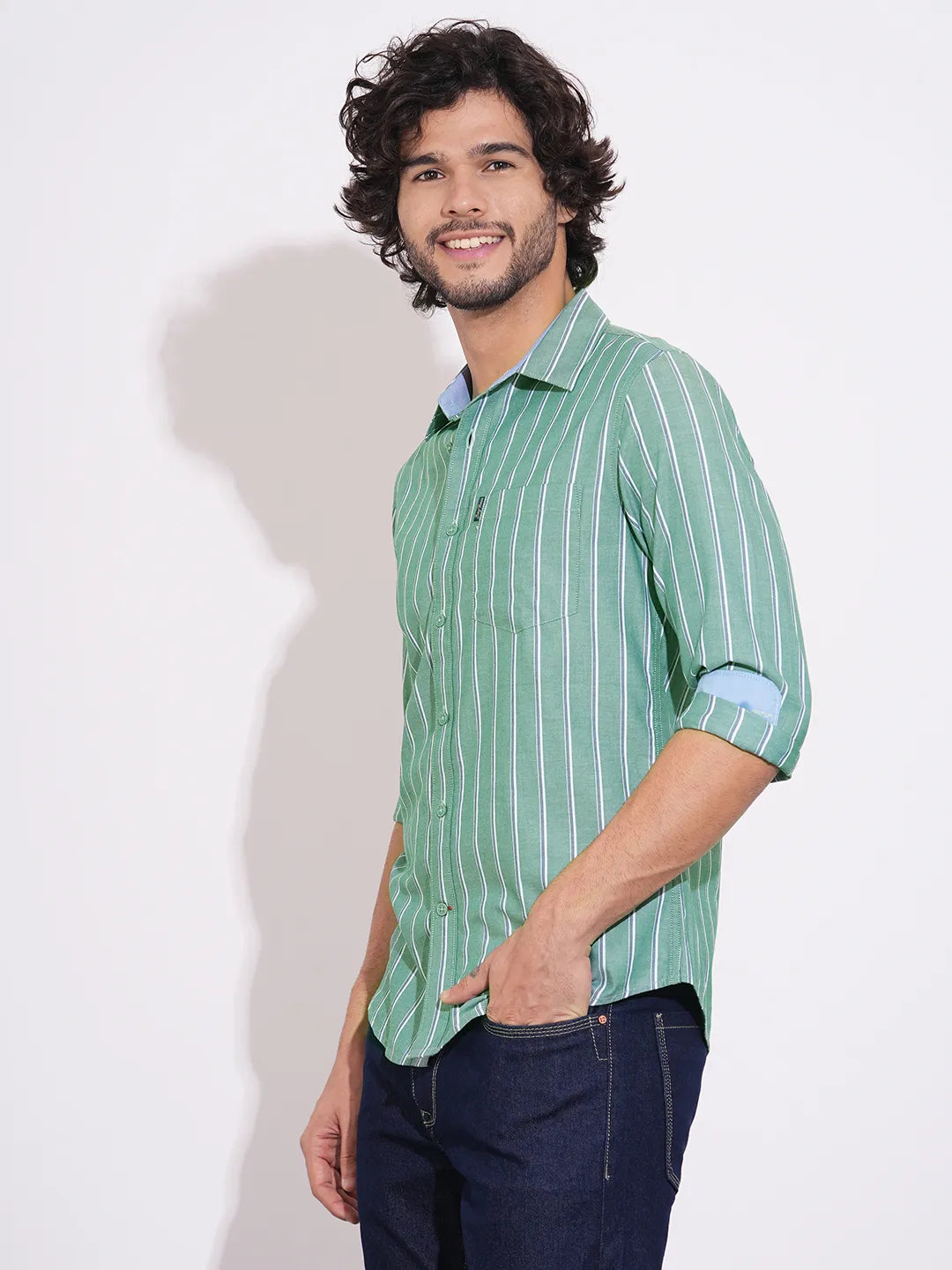 Being Human Men's Green Striped Spread Collar Shirt