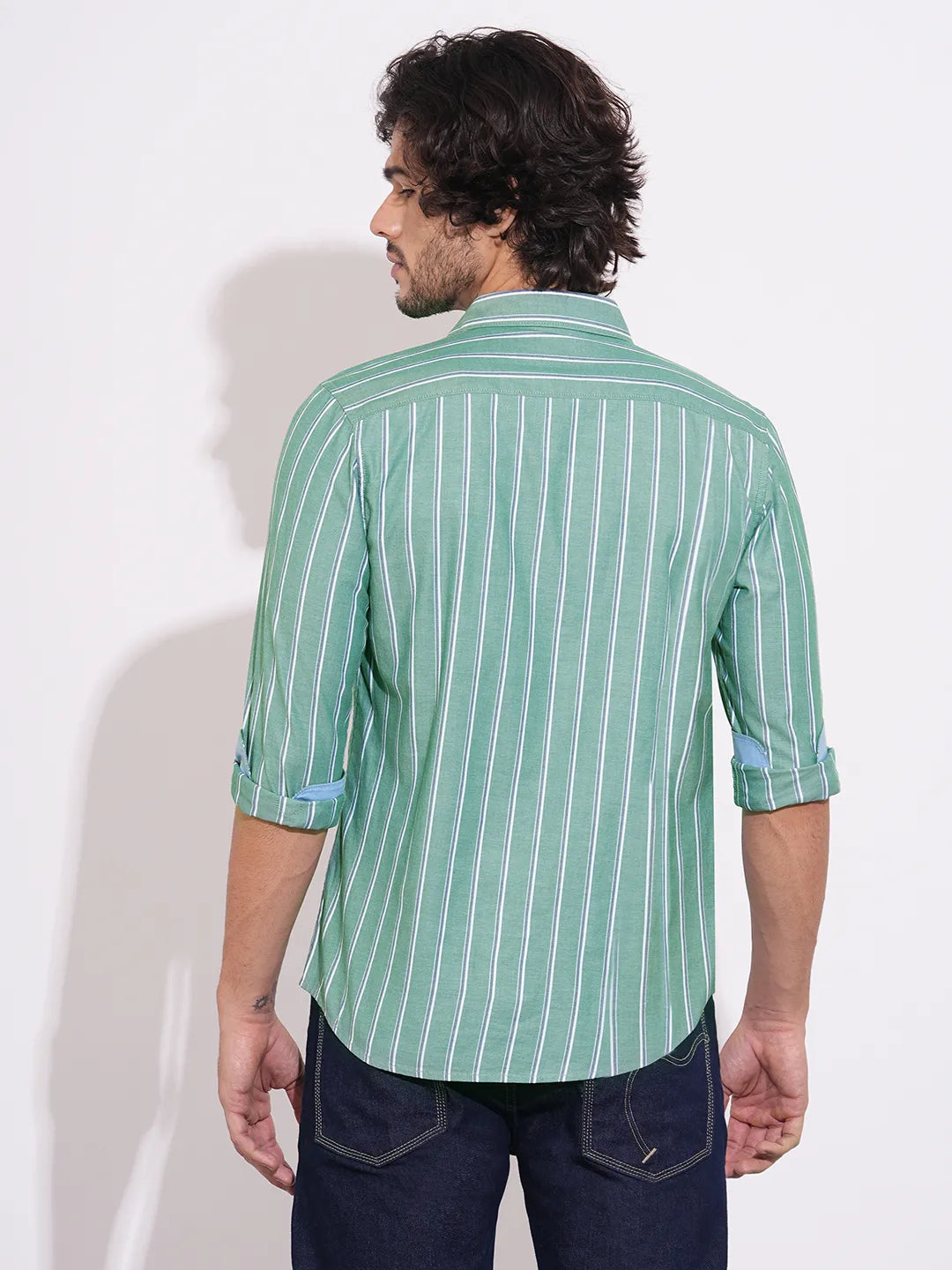 Being Human Men's Green Striped Spread Collar Shirt