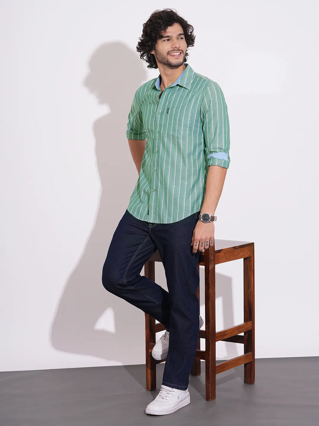 Being Human Men's Green Striped Spread Collar Shirt