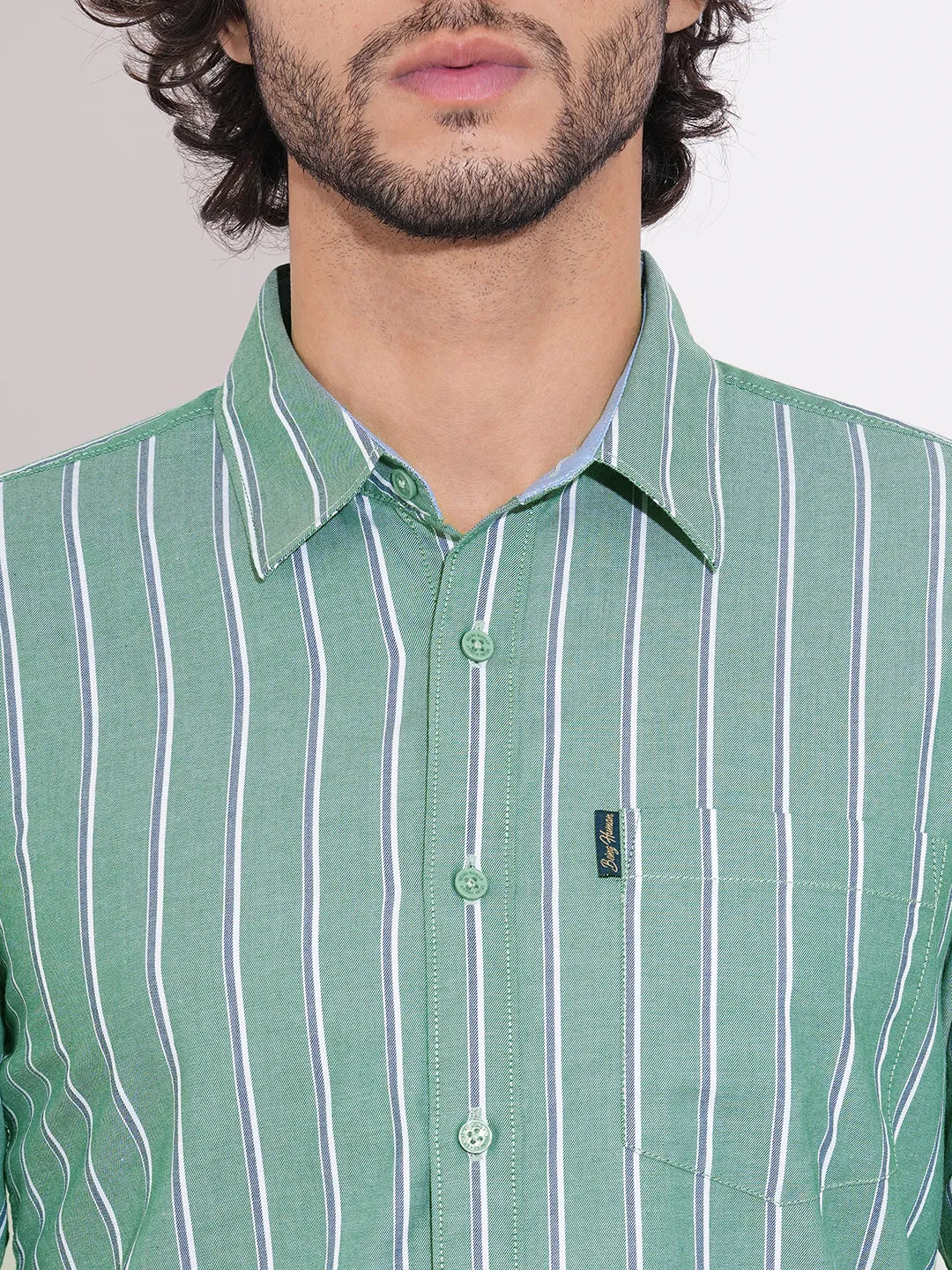Being Human Men's Green Striped Spread Collar Shirt