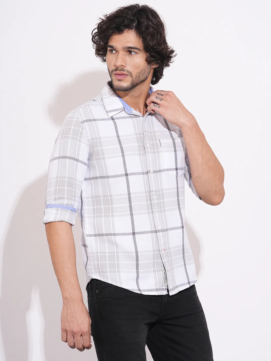 Men's White Checked Spread Collar Shirt by Being Human Clothing