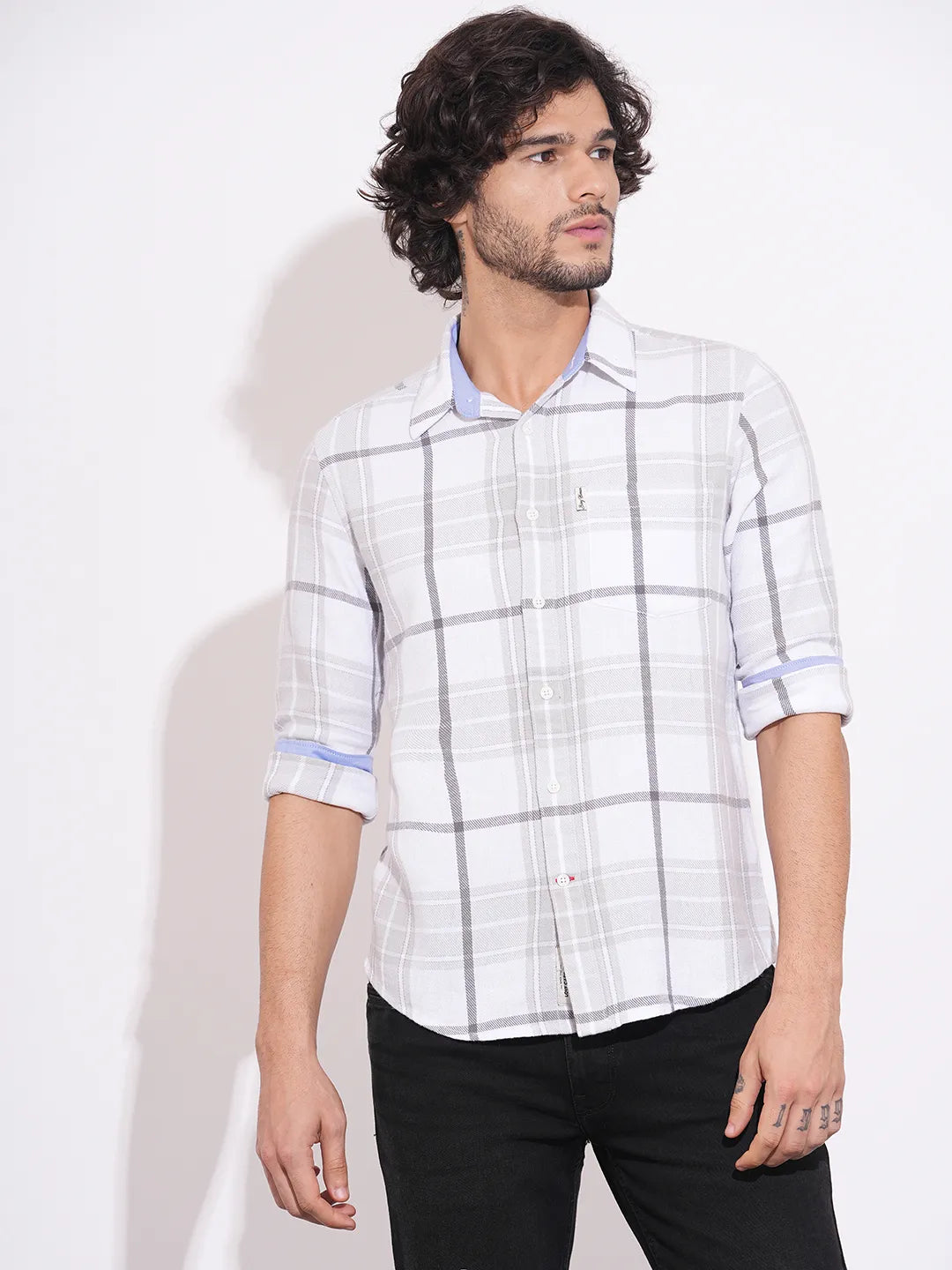 Men's White Checked Spread Collar Shirt by Being Human Clothing