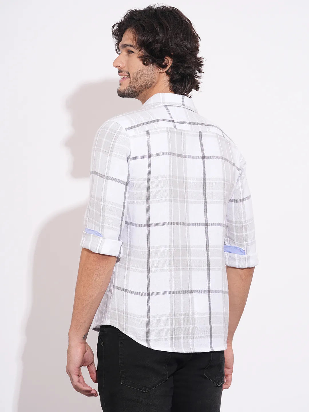 Men's White Checked Spread Collar Shirt by Being Human Clothing