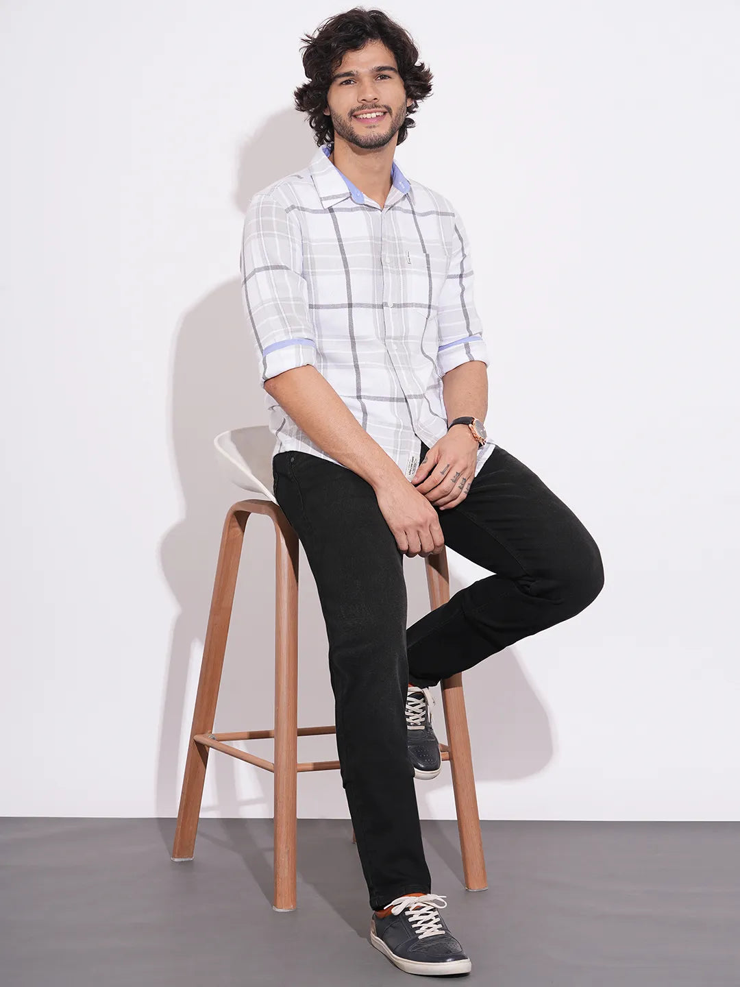 Men's White Checked Spread Collar Shirt by Being Human Clothing