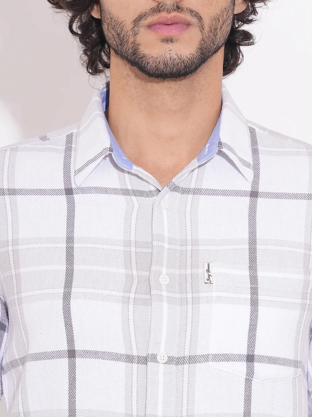 Men's White Checked Spread Collar Shirt by Being Human Clothing