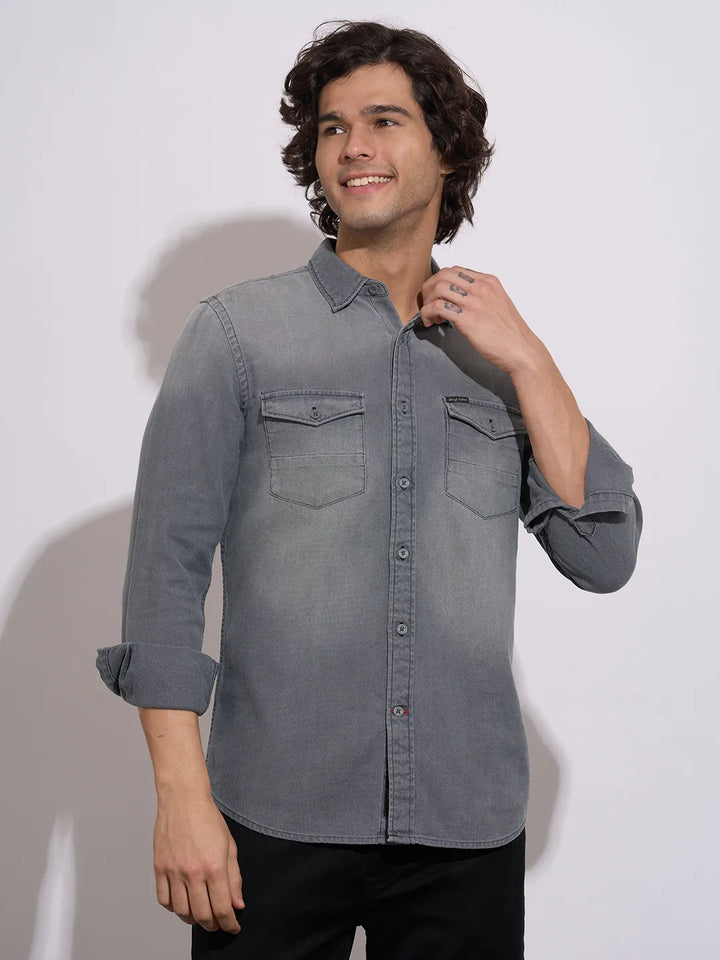Grey Moderno Fit Regular Collar Long Sleeves Cotton Men's Shirt