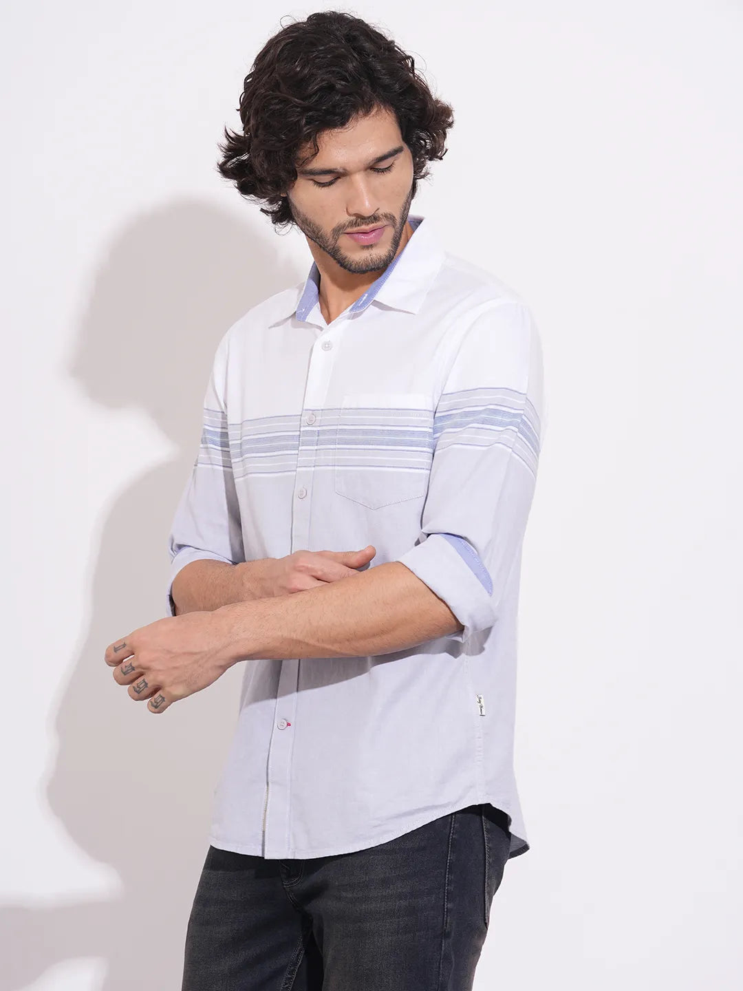 Being Human Men's Light Blue Color-Block Spread Collar Shirt
