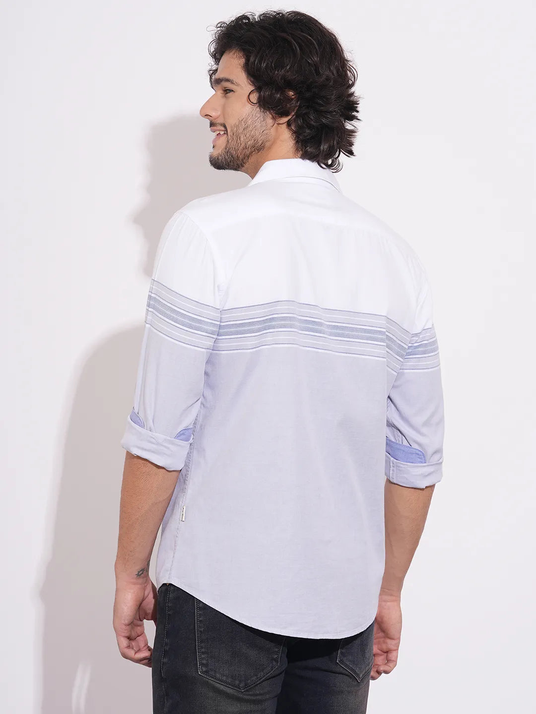 Being Human Men's Light Blue Color-Block Spread Collar Shirt