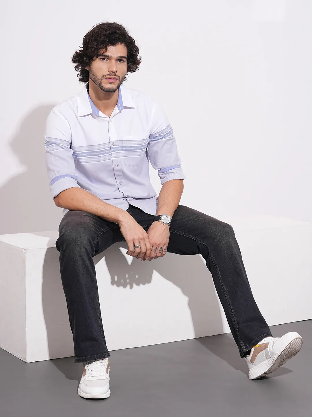 Being Human Men's Light Blue Color-Block Spread Collar Shirt