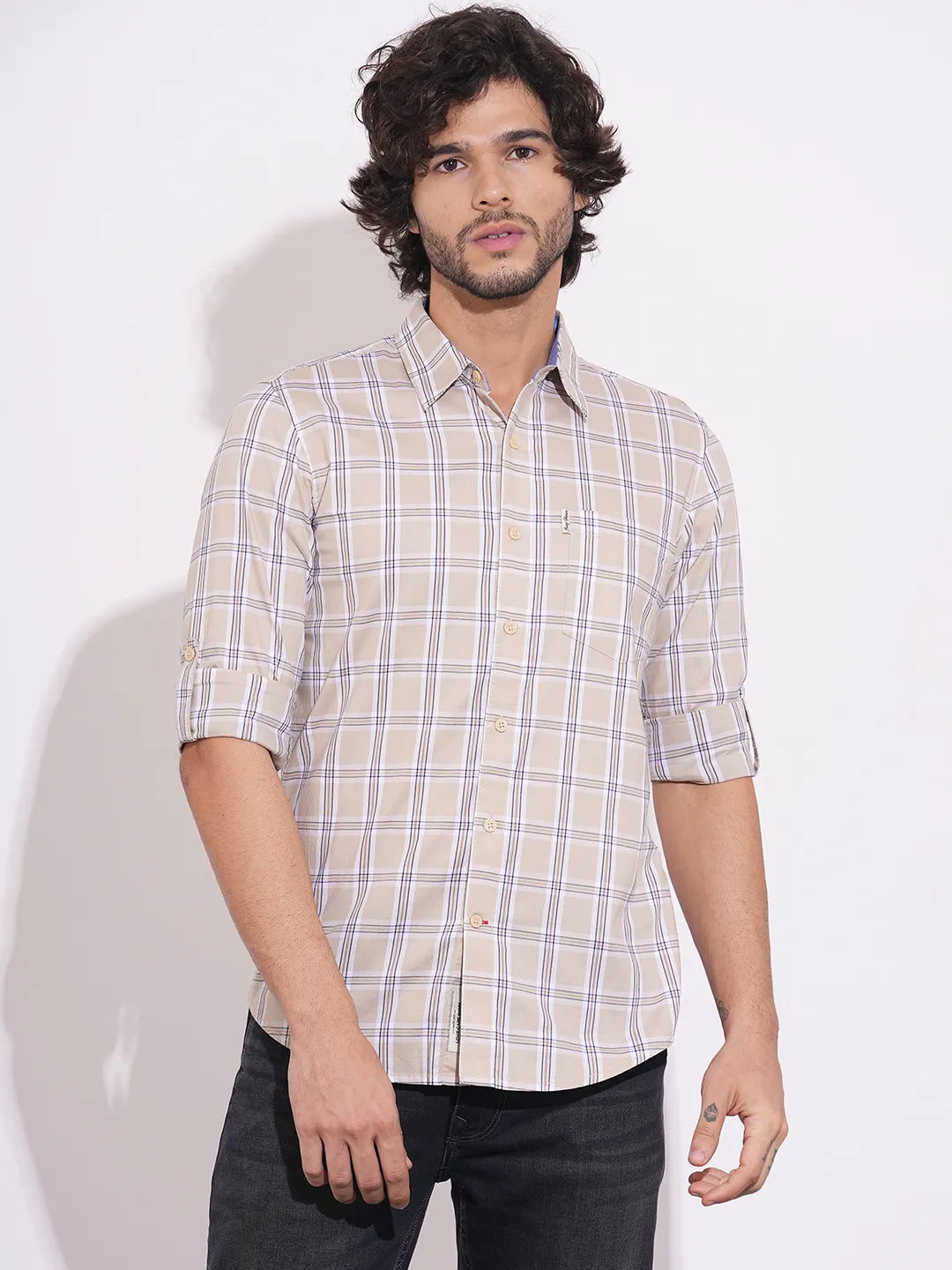 Men's Brown Checked Full Sleeves Shirt by Being Human Clothing