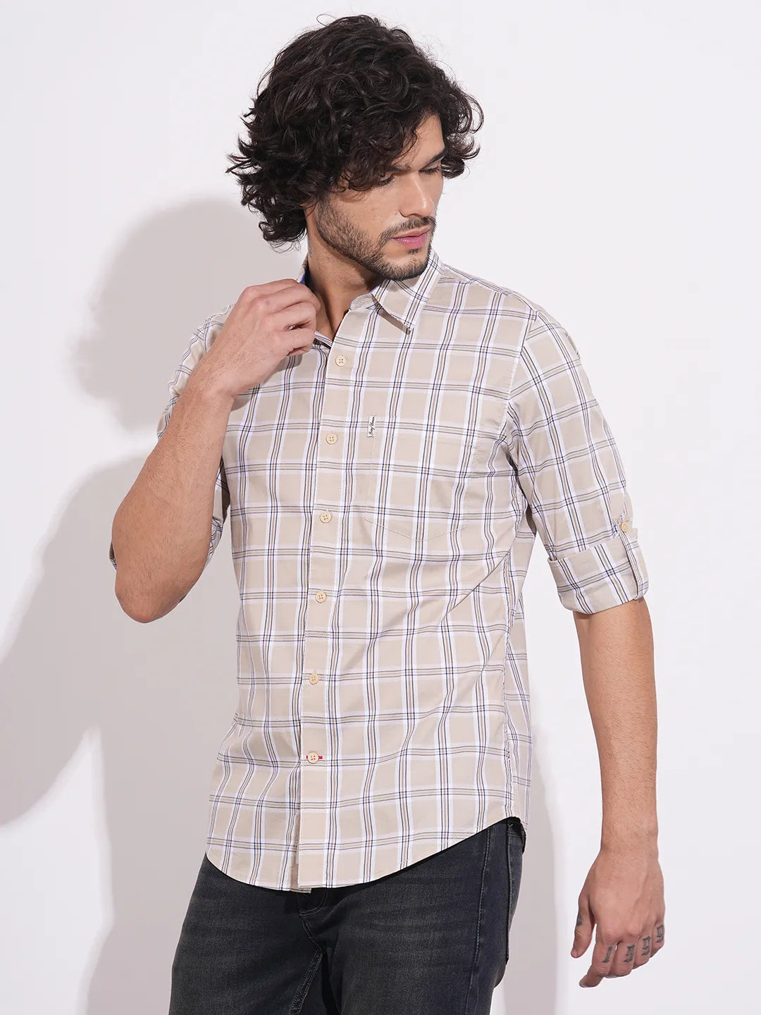 Men's Brown Checked Full Sleeves Shirt by Being Human Clothing