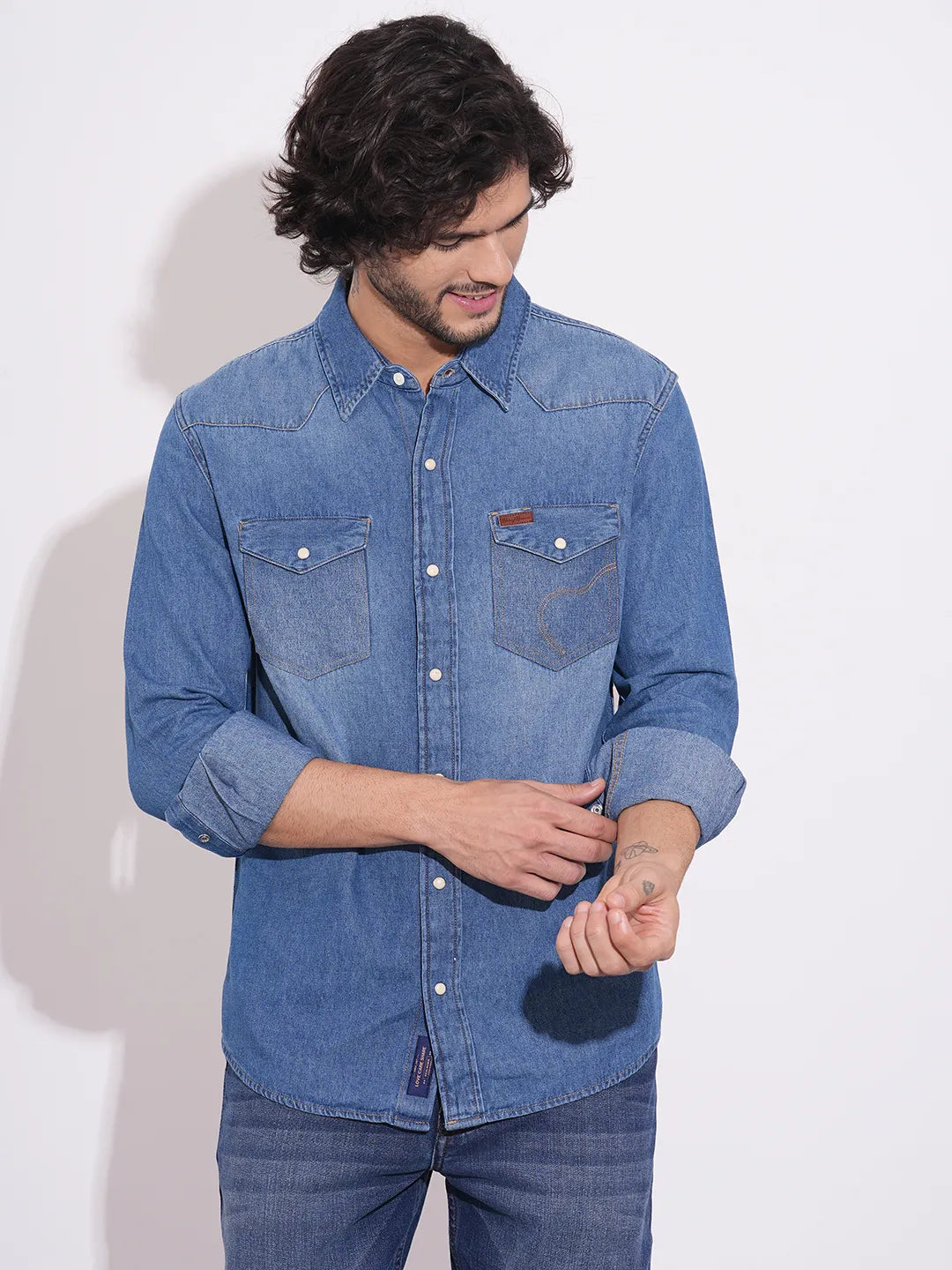 Men's Blue Spread Collar Denim Shirt by Being Human Clothing