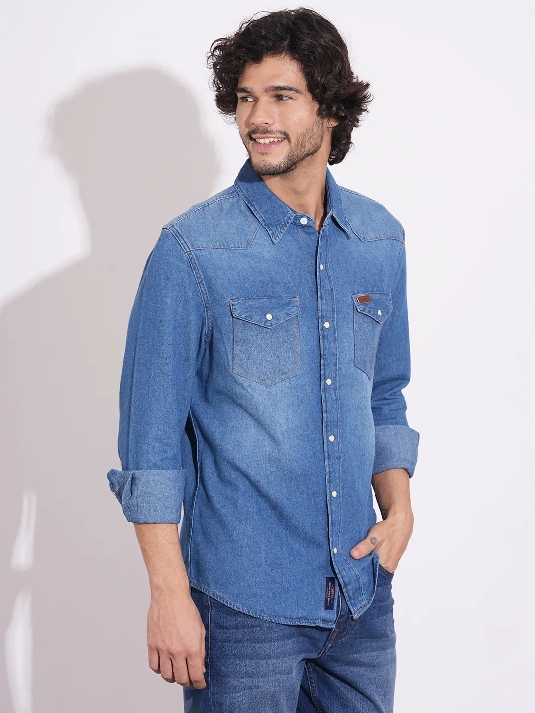 Men's Blue Spread Collar Denim Shirt by Being Human Clothing