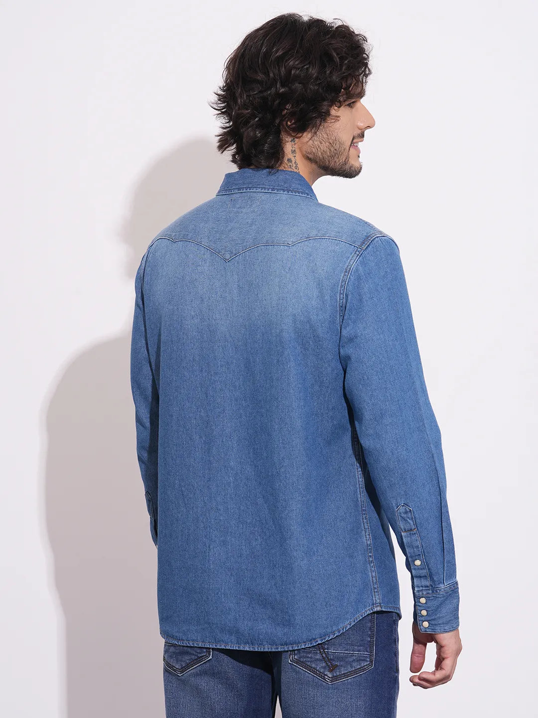 Men's Blue Spread Collar Denim Shirt by Being Human Clothing