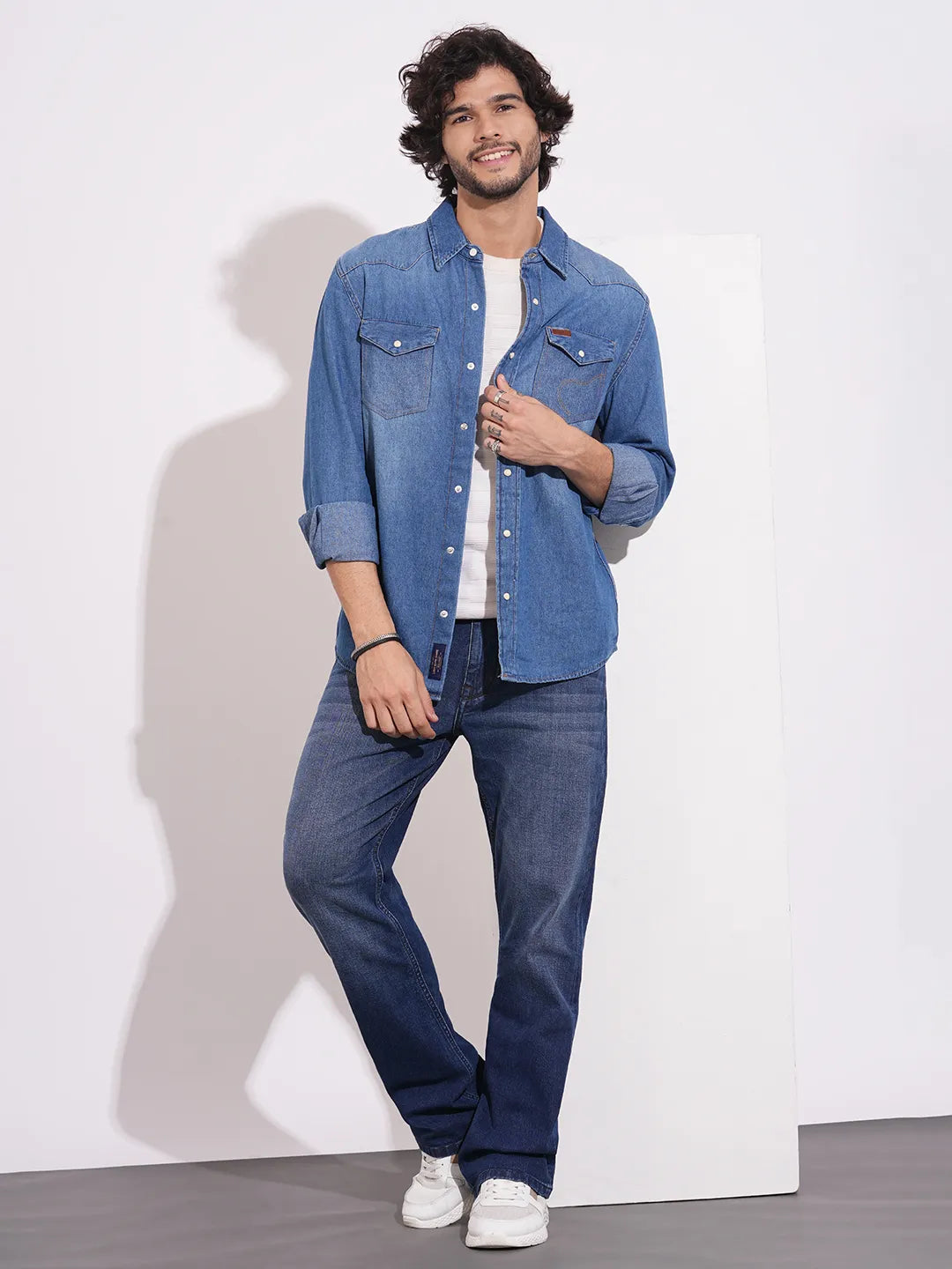 Men's Blue Spread Collar Denim Shirt by Being Human Clothing