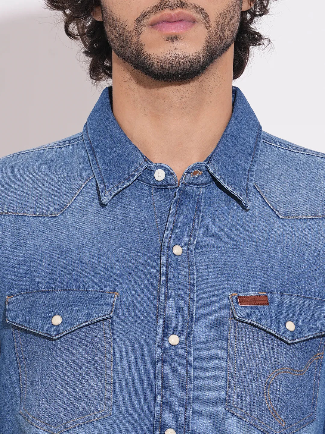 Men's Blue Spread Collar Denim Shirt by Being Human Clothing