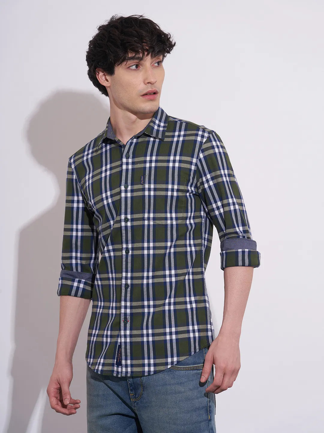 Being Human Men's Green Checked Spread Collar Shirt