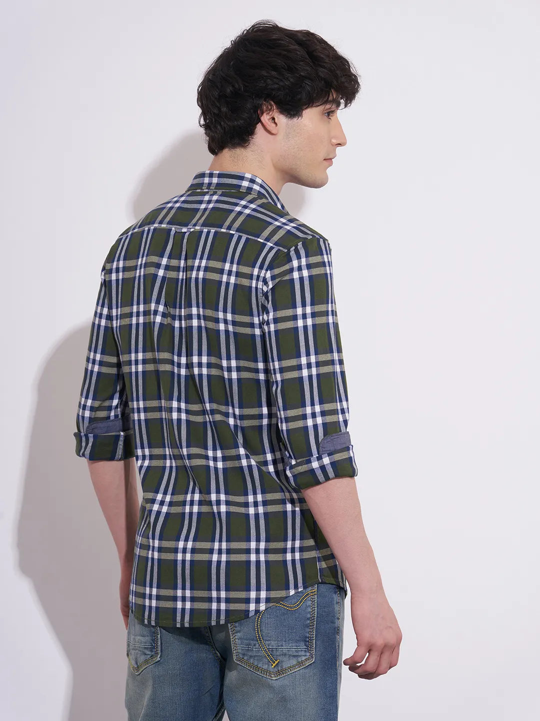 Being Human Men's Green Checked Spread Collar Shirt