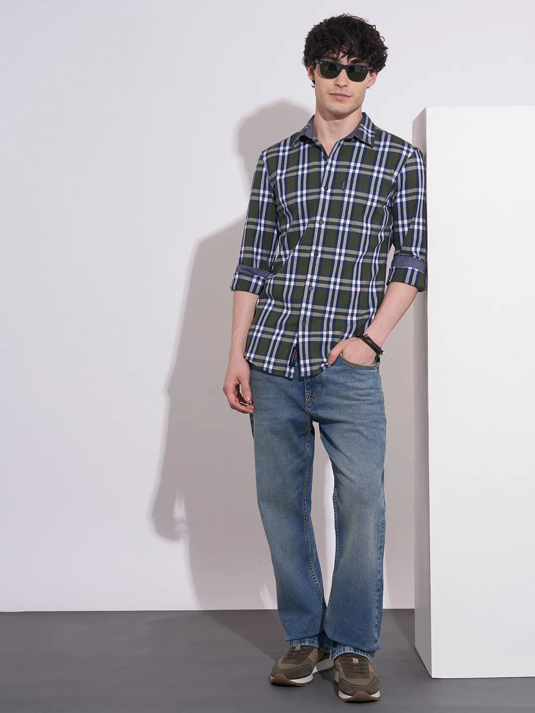 Being Human Men's Green Checked Spread Collar Shirt