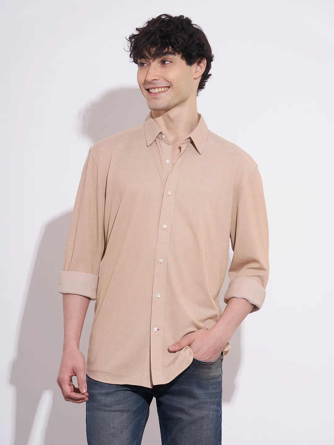 Being Human Men's Khaki Spread Collar Shirt