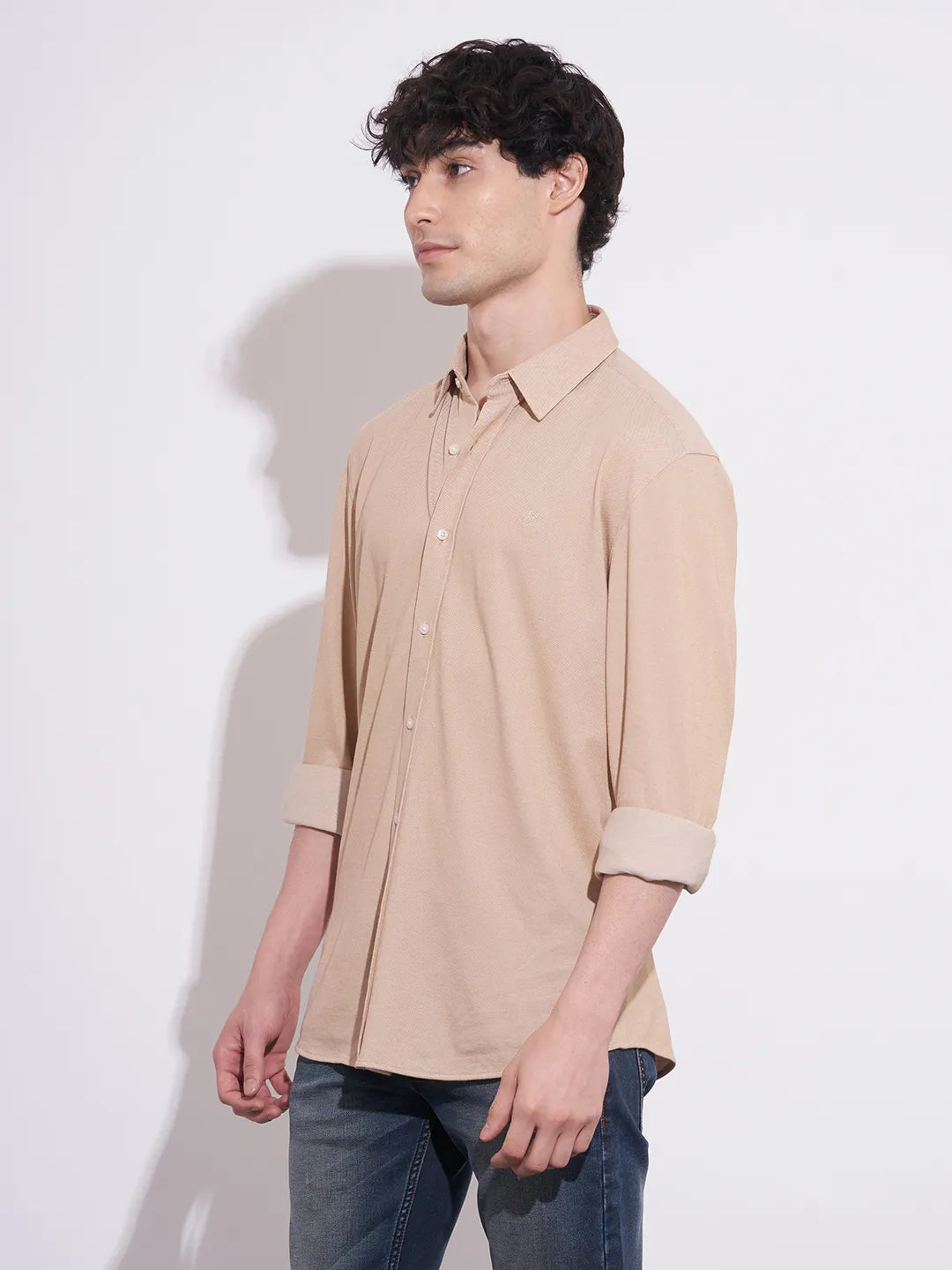 Being Human Men's Khaki Spread Collar Shirt