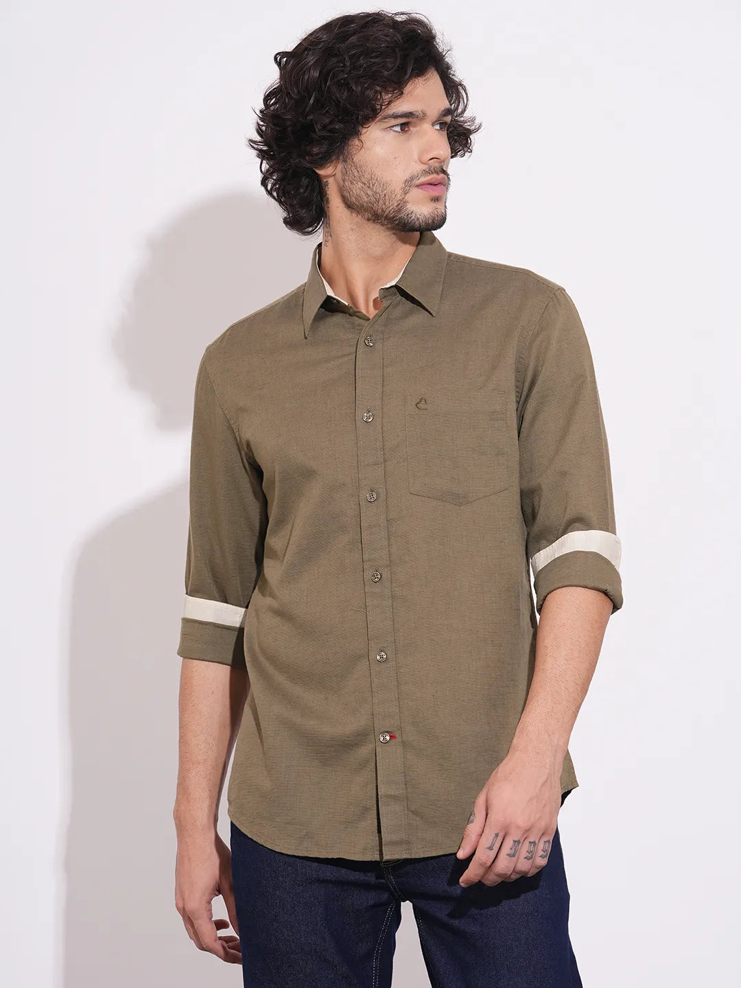 Men's Olive Spread Collar Shirt by Being Human Clothing