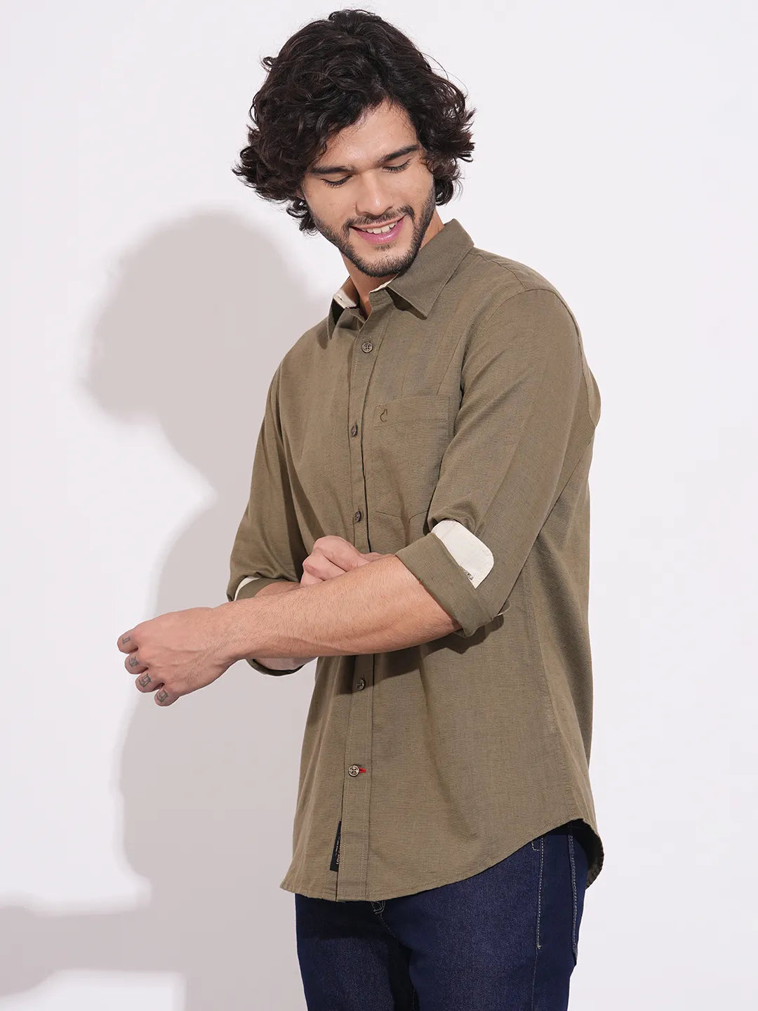 Men's Olive Spread Collar Shirt by Being Human Clothing