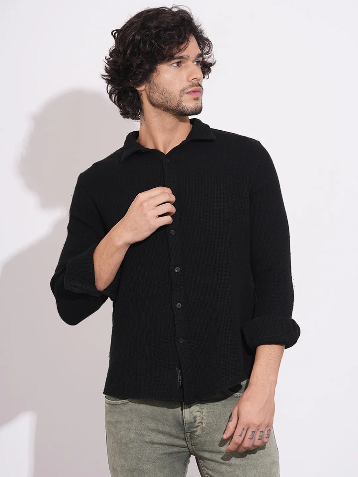 Black Moderno Fit Regular Collar Long Sleeves Cotton Men's Shirt